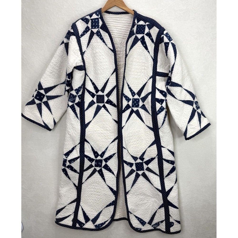 Handmade‎ Re-purposed Quilt Coat Blue White Elongated Star Long Size XL